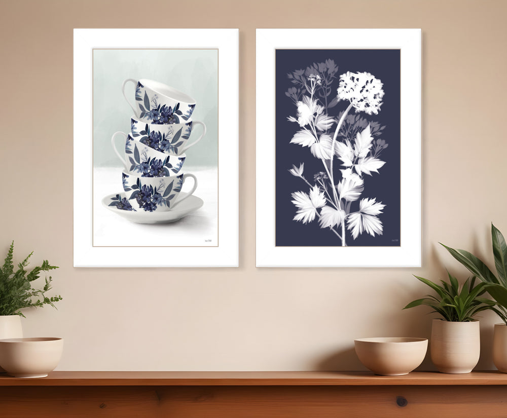 Homeroots Set Of Two Tea Towers With Flowers Blue White Framed Print Kitchen Wall Art  Wood Print 408187