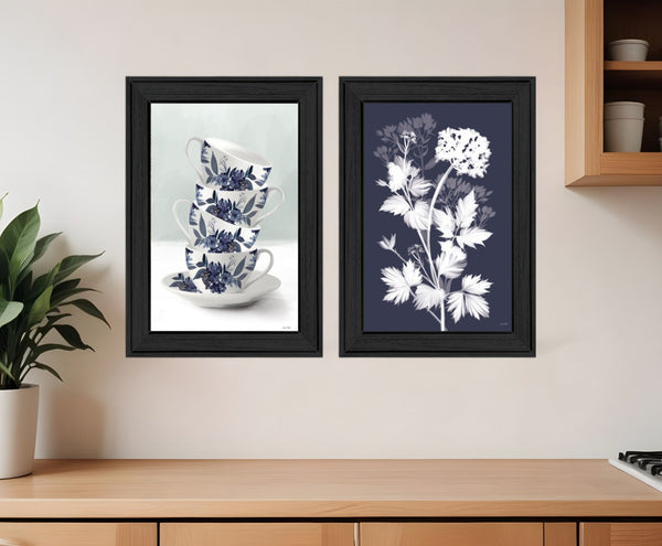 HomeRoots Set of Two Framed Tea Tower Prints with Floral Accents - Rustic Modern Kitchen Wall Art Decor Charcoal 408188
