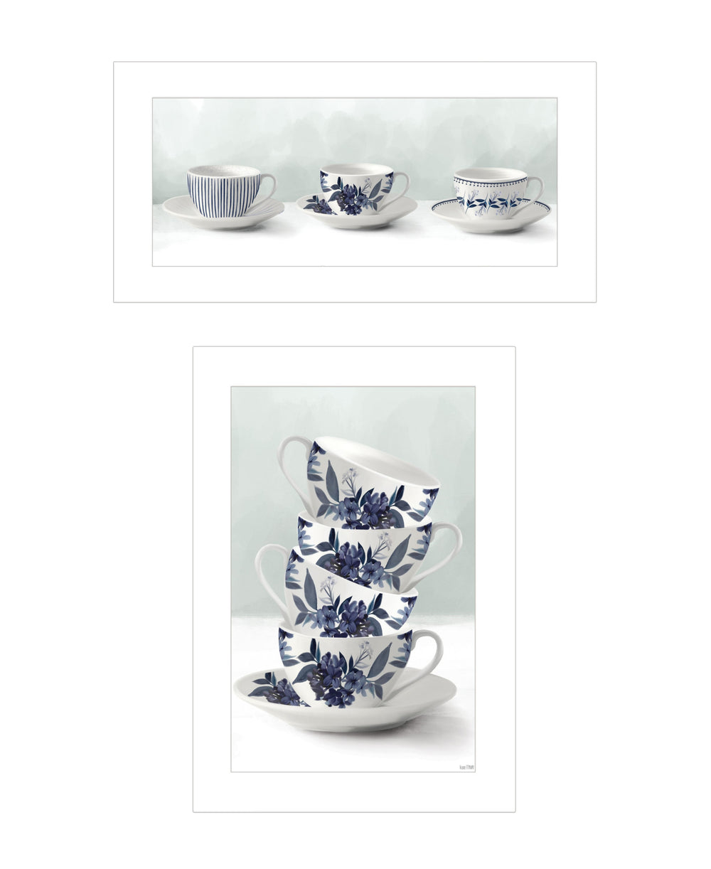 Homeroots Set Of Two Tea Tower With Cups And Sauces White Framed Print Kitchen Wall Art  Wood Print 408189