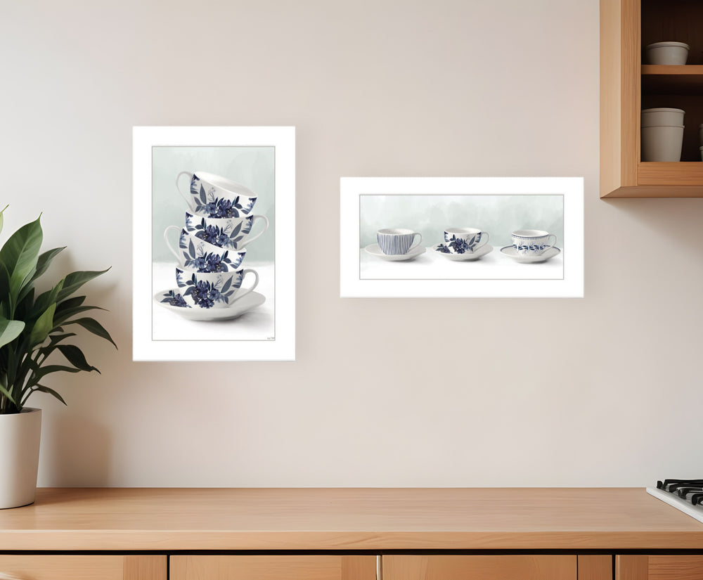 Homeroots Set Of Two Tea Tower With Cups And Sauces White Framed Print Kitchen Wall Art  Wood Print 408189