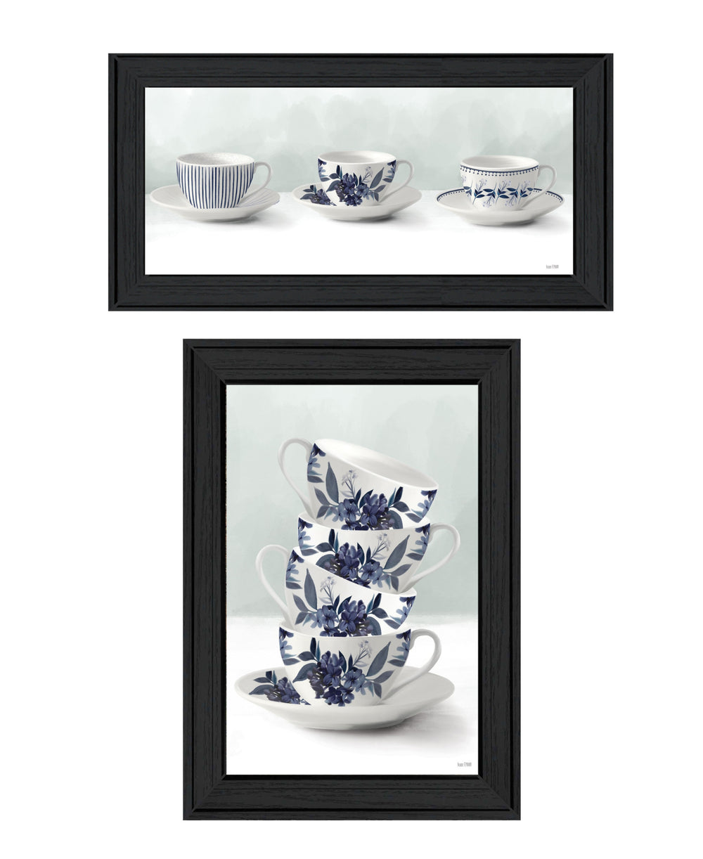 Homeroots Set Of Two Tea Tower With Cups And Sauces Black Framed Print Kitchen Wall Art Charcoal Wood Print 408190