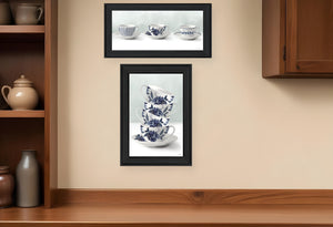 Homeroots Set Of Two Tea Tower With Cups And Sauces Black Framed Print Kitchen Wall Art Charcoal Wood Print 408190