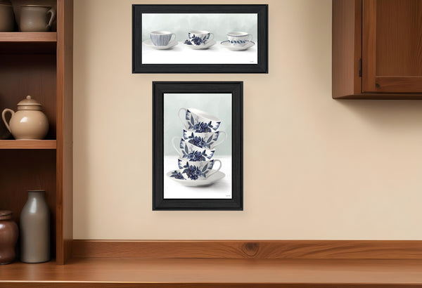 Homeroots Set Of Two Tea Tower With Cups And Sauces Black Framed Print Kitchen Wall Art Charcoal Wood Print 408190