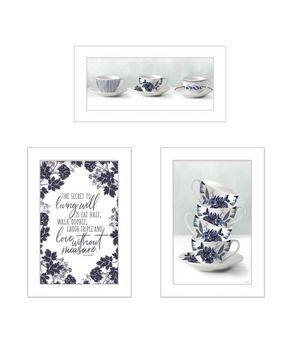 Homeroots Set Of Three Tea Tower With Cups And Sauces White Framed Print Kitchen Wall Art  Wood Print 408191