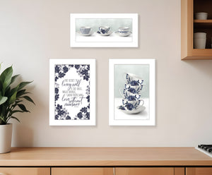 Homeroots Set Of Three Tea Tower With Cups And Sauces White Framed Print Kitchen Wall Art  Wood Print 408191