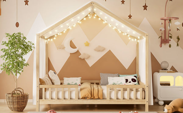 English Elm Montessori House Bed Frame Twin with Canopy & Full Guardrails, Cozy Kids Platform Bed for Toddlers Natural 77.8 L x 17.25 W x 7 H N733P356048M