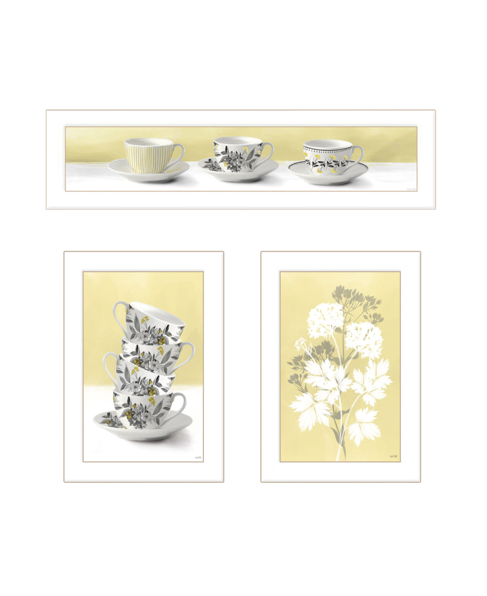 Homeroots Set Of Three Tea Cups And Yellow Flowers White Framed Print Kitchen Wall Art White Wood Print 408200