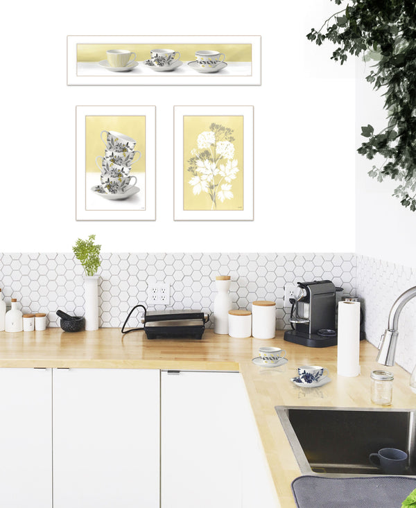 Homeroots Set Of Three Tea Cups And Yellow Flowers White Framed Print Kitchen Wall Art White Wood Print 408200