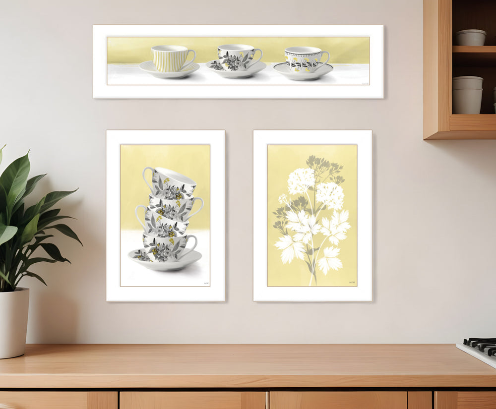 Homeroots Set Of Three Tea Cups And Yellow Flowers White Framed Print Kitchen Wall Art White Wood Print 408200