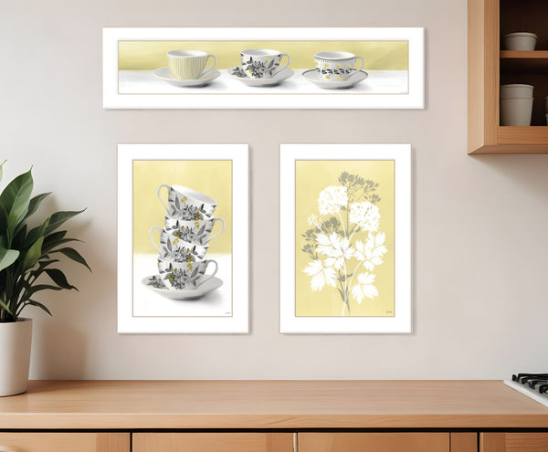 Homeroots Set Of Three Tea Cups And Yellow Flowers White Framed Print Kitchen Wall Art White Wood Print 408200