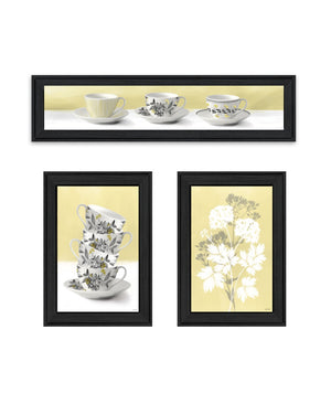 HomeRoots Set of Three Framed Tea Cups and Yellow Flowers Prints - Rustic Kitchen Wall Art for Farmhouse Charm 408201