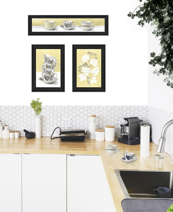 HomeRoots Set of Three Framed Tea Cups and Yellow Flowers Prints - Rustic Kitchen Wall Art for Farmhouse Charm 408201