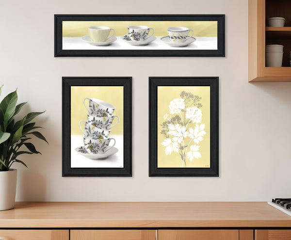 HomeRoots Set of Three Framed Tea Cups and Yellow Flowers Prints - Rustic Kitchen Wall Art for Farmhouse Charm 408201