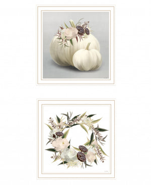 Homeroots Set Of Two Boho Pumpkins And Flowers 2 White Framed Print Wall Art White Wood Print 408203