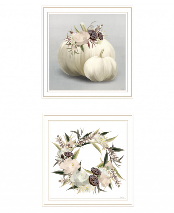 Homeroots Set Of Two Boho Pumpkins And Flowers 2 White Framed Print Wall Art White Wood Print 408203