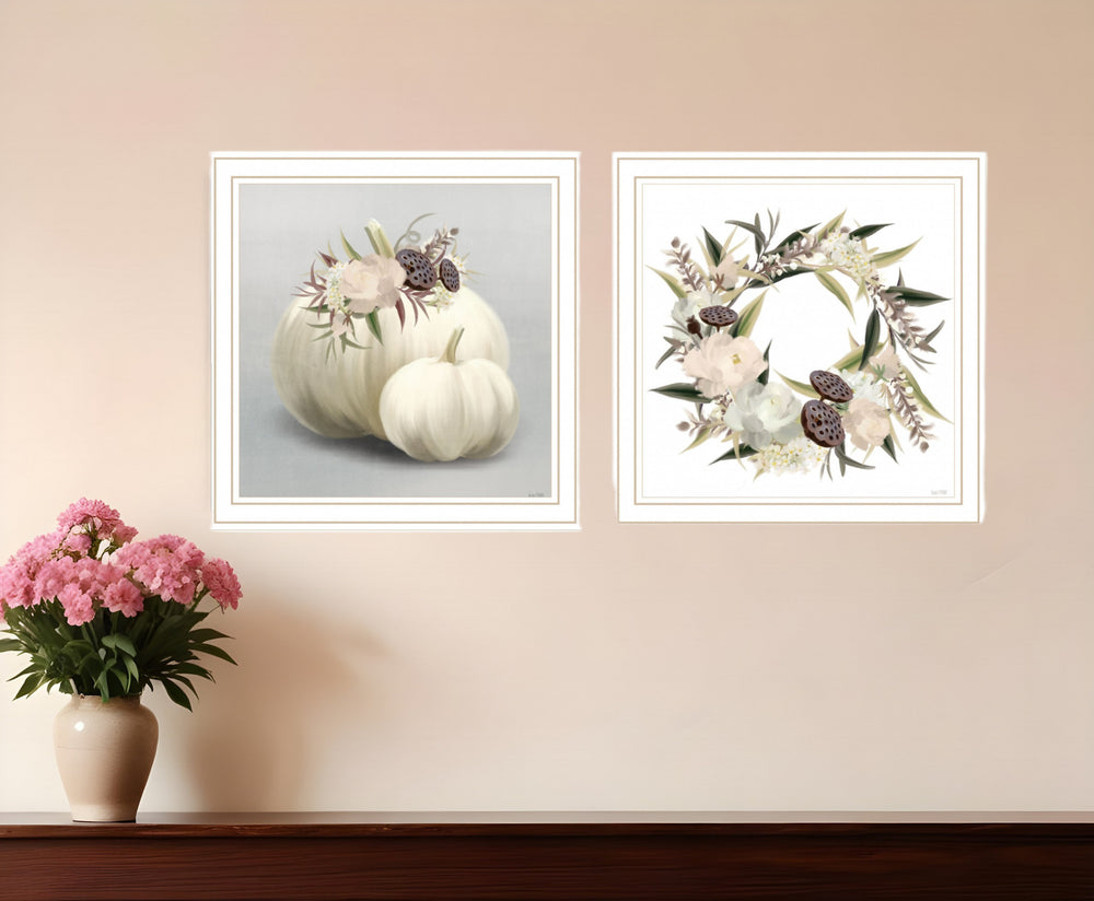 Homeroots Set Of Two Boho Pumpkins And Flowers 2 White Framed Print Wall Art White Wood Print 408203
