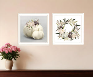 Homeroots Set Of Two Boho Pumpkins And Flowers 2 White Framed Print Wall Art White Wood Print 408203