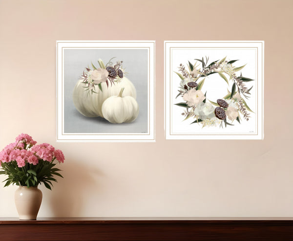 Homeroots Set Of Two Boho Pumpkins And Flowers 2 White Framed Print Wall Art White Wood Print 408203