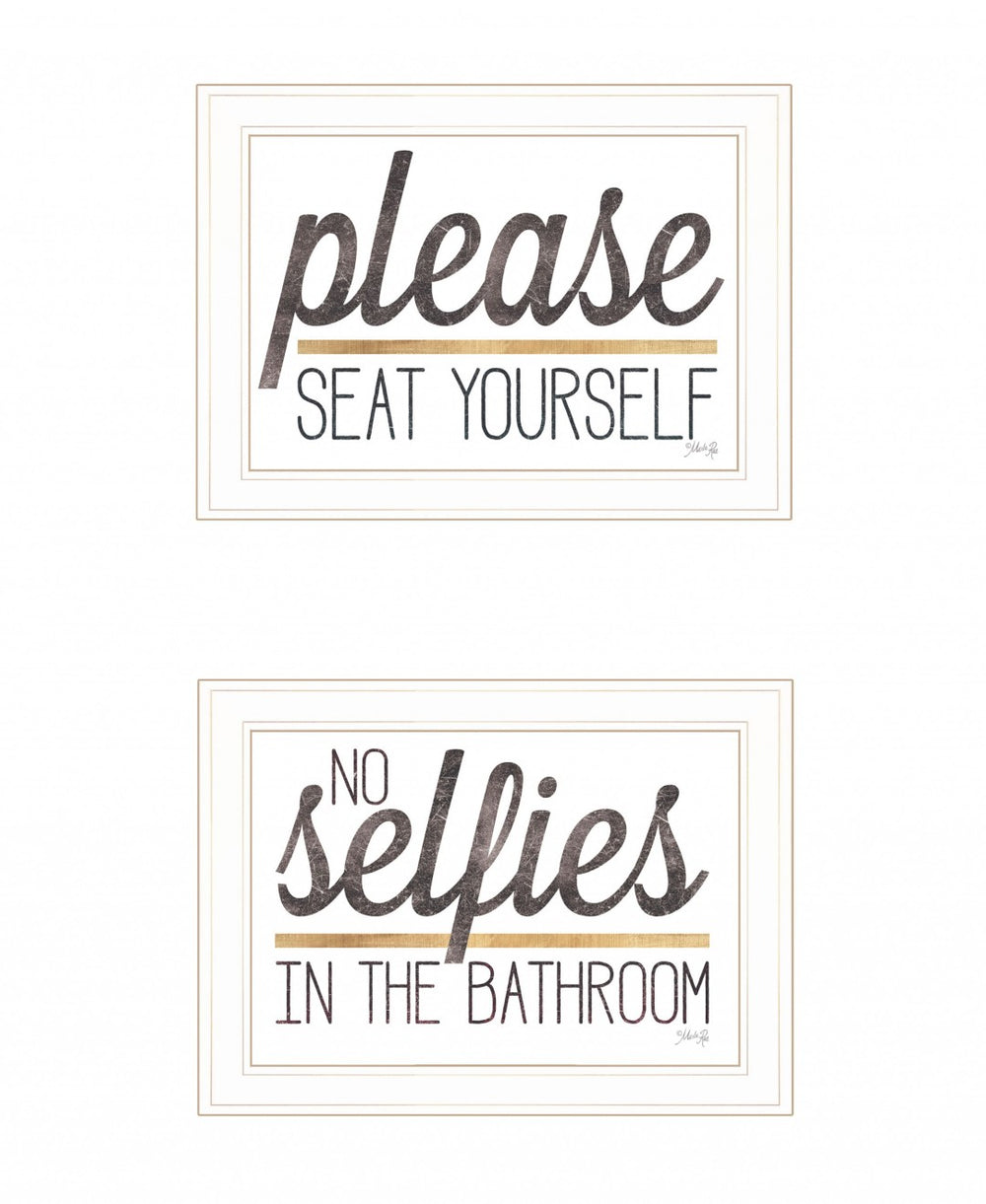 HomeRoots Set of Two Charming No Selfies When Seated Framed Prints for Stylish Bathroom Wall Decor White 21 x 31 408214