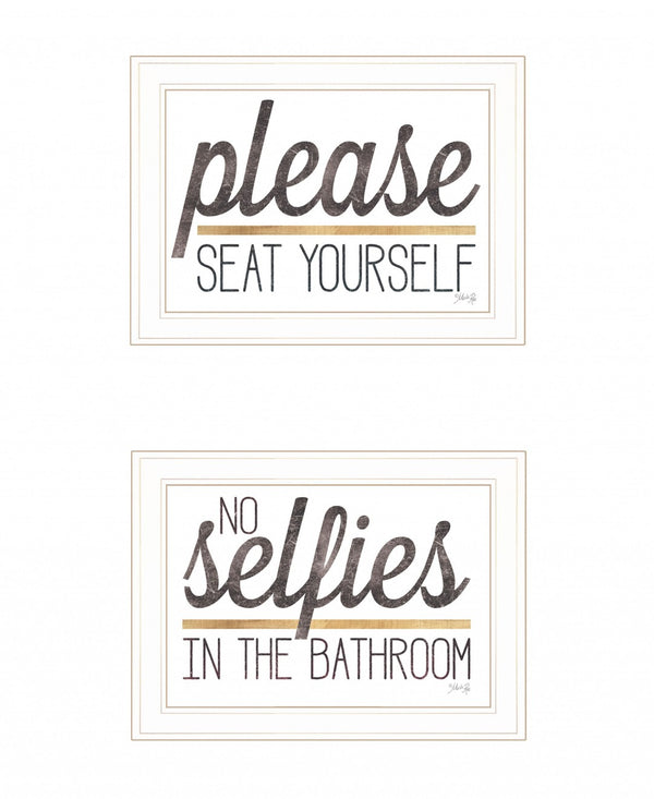HomeRoots Set of Two Charming No Selfies When Seated Framed Prints for Stylish Bathroom Wall Decor White 21 x 31 408214