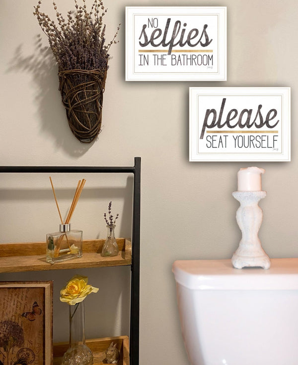 HomeRoots Set of Two Charming No Selfies When Seated Framed Prints for Stylish Bathroom Wall Decor White 21 x 31 408214