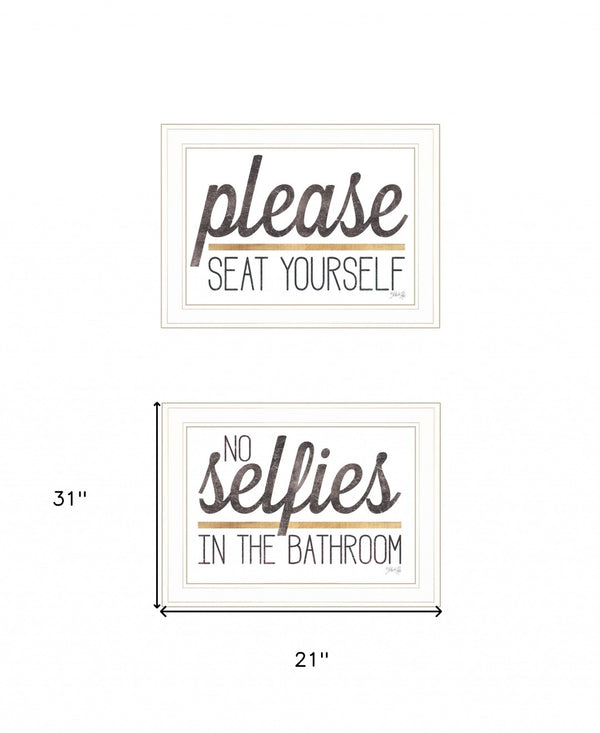 HomeRoots Set of Two Charming No Selfies When Seated Framed Prints for Stylish Bathroom Wall Decor White 21 x 31 408214