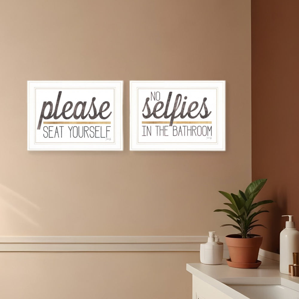 HomeRoots Set of Two Charming No Selfies When Seated Framed Prints for Stylish Bathroom Wall Decor White 21 x 31 408214