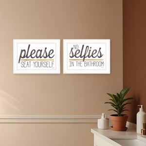 HomeRoots Set of Two Charming No Selfies When Seated Framed Prints for Stylish Bathroom Wall Decor White 21 x 31 408214