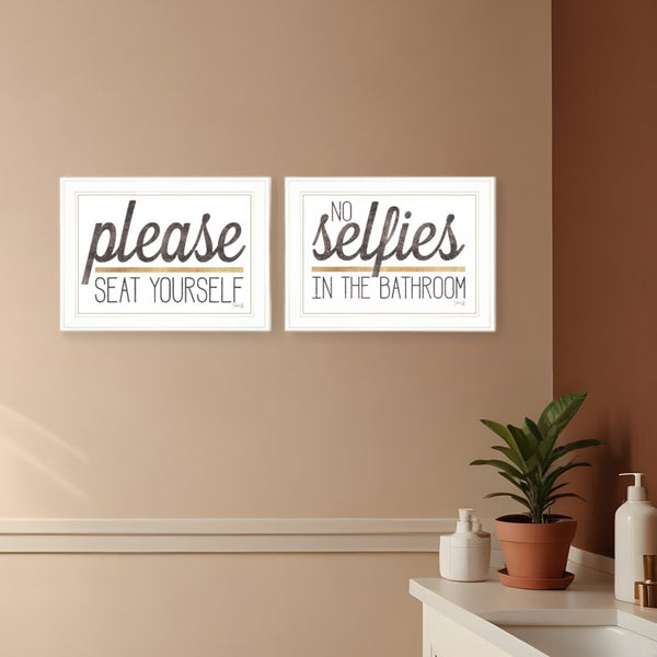 HomeRoots Set of Two Charming No Selfies When Seated Framed Prints for Stylish Bathroom Wall Decor White 21 x 31 408214