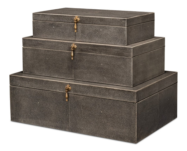 Sarreid Cosmos Elegant Nesting Boxes Set Of 3 - Black Shagreen Antique Finish With Leather & Brass Accents Black  40824