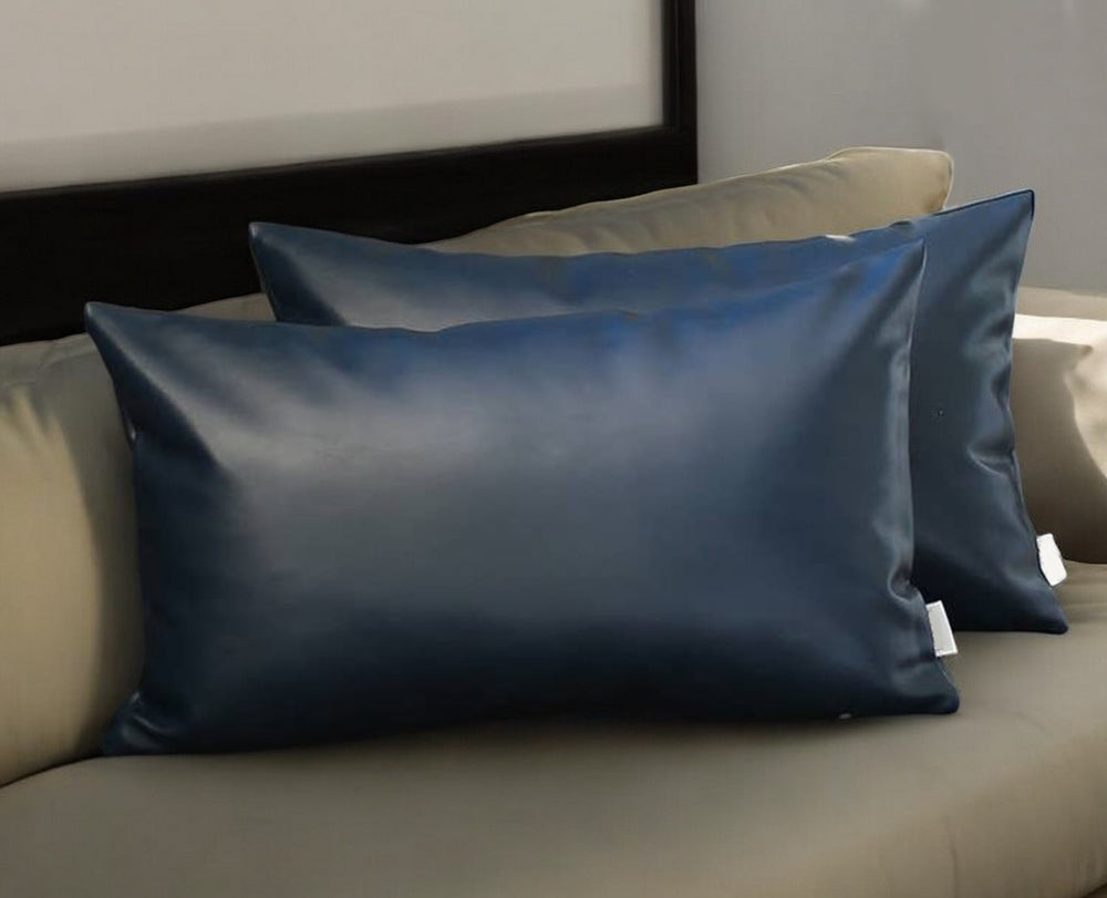 Homeroots Set Of Two 10" X 12" Navy Blue Faux Leather Lumbar Throw Pillow   408245
