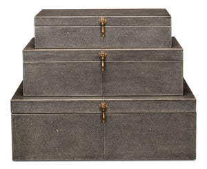 Sarreid Cosmos Elegant Nesting Boxes Set Of 3 - Black Shagreen Antique Finish With Leather & Brass Accents Black  40824