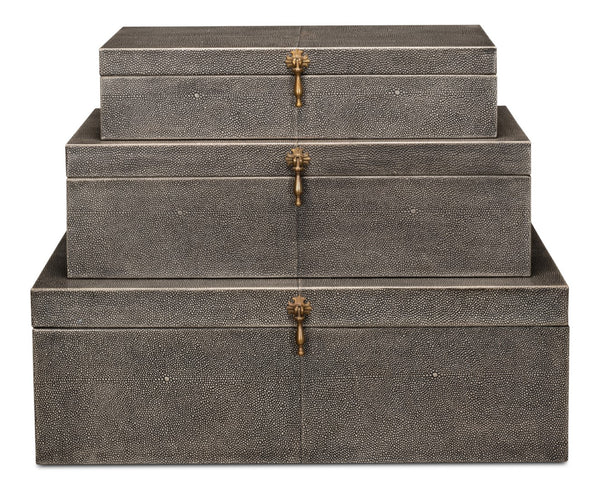 Sarreid Cosmos Elegant Nesting Boxes Set Of 3 - Black Shagreen Antique Finish With Leather & Brass Accents Black  40824