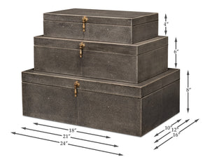 Sarreid Cosmos Elegant Nesting Boxes Set Of 3 - Black Shagreen Antique Finish With Leather & Brass Accents Black  40824