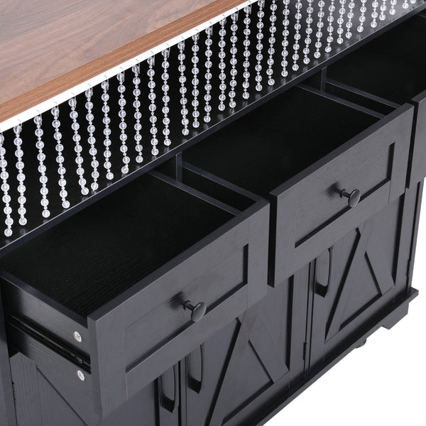 English Elm K&K 46.5'' Farmhouse Kitchen Island Cart with Beaded Drapes, Drop Leaf, Power Hub, Ample Storage Black N707P254872B