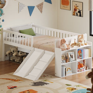 English Elm Twin Platform Kids Bed with Slide Ladder Guardrails Storage Shelf Wood Frame White N733S415411K