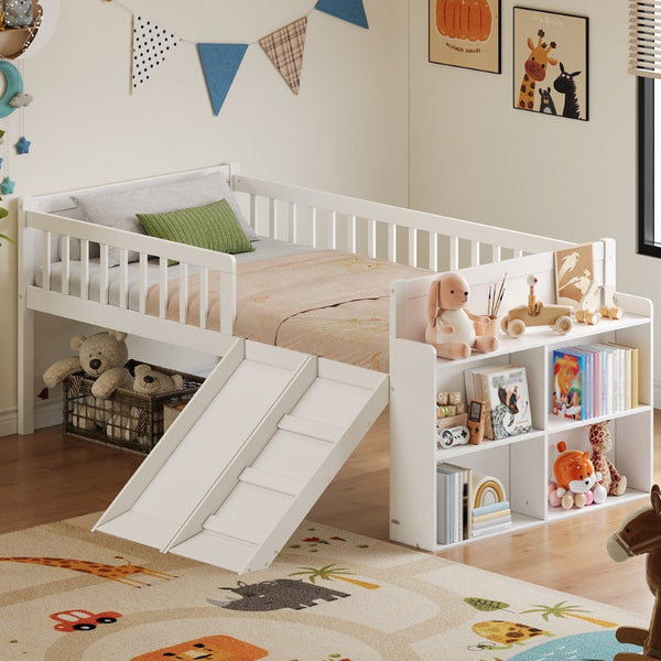 English Elm Twin Platform Kids Bed with Slide Ladder Guardrails Storage Shelf Wood Frame White N733S415411K