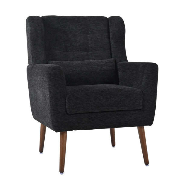 English Elm Modern Accent Chair Chenille Upholstered Ergonomic Lounge Armchair with Wood Legs and Pillow for Reading Comfort and Stylish Living Room Seating Black W1028P382764