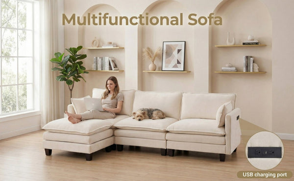 English Elm Modern Chenille Three Seat Sofa with Ottoman Usb Charging Ports and Storage Pockets Beige White W2519S00001