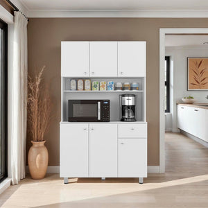 English Elm White Tall Kitchen Pantry Cabinet with Microwave Shelf Open and Enclosed Storage B062S01857