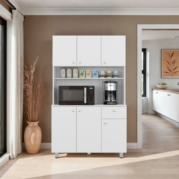 English Elm White Tall Kitchen Pantry Cabinet with Microwave Shelf Open and Enclosed Storage B062S01857