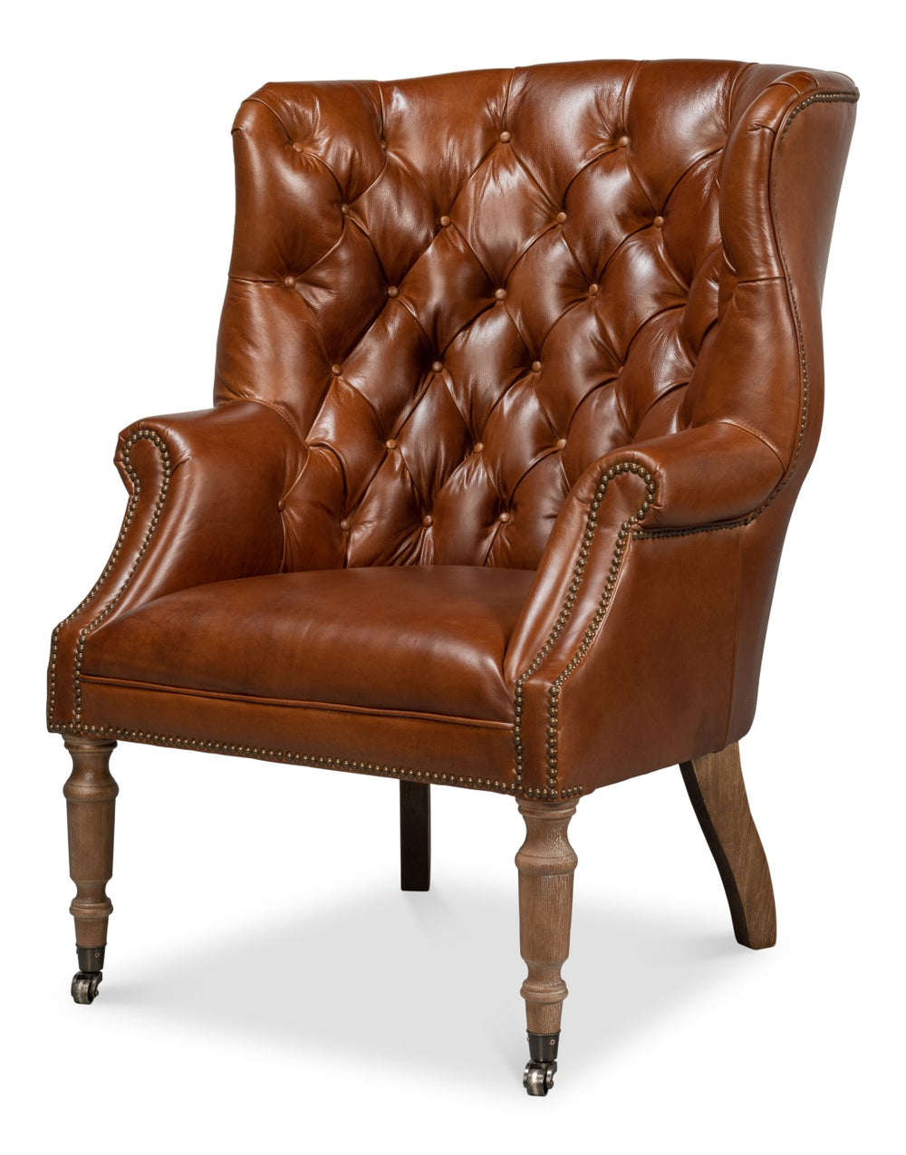 Sarreid Welsh Leather Chair - Vintage Havana Top Grain Luxury, Stylish Comfort With Wood And Castors Brown  40872