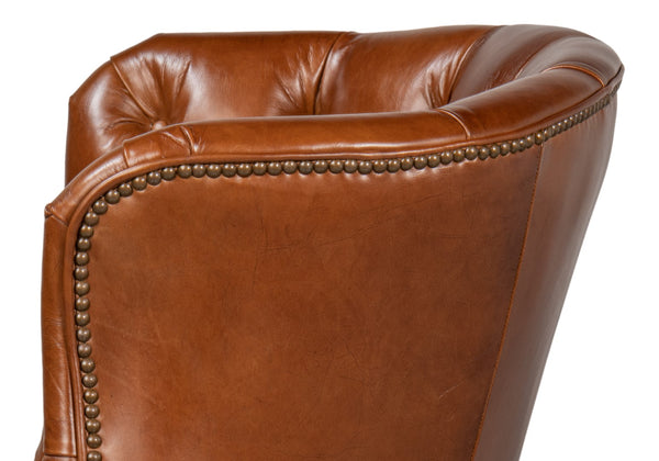Sarreid Welsh Leather Chair - Vintage Havana Top Grain Luxury, Stylish Comfort With Wood And Castors Brown  40872