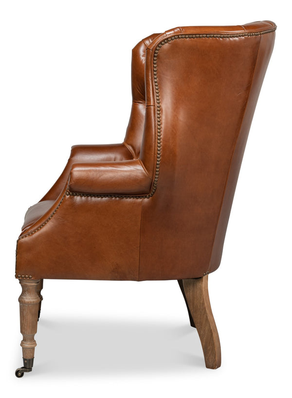 Sarreid Welsh Leather Chair - Vintage Havana Top Grain Luxury, Stylish Comfort With Wood And Castors Brown  40872