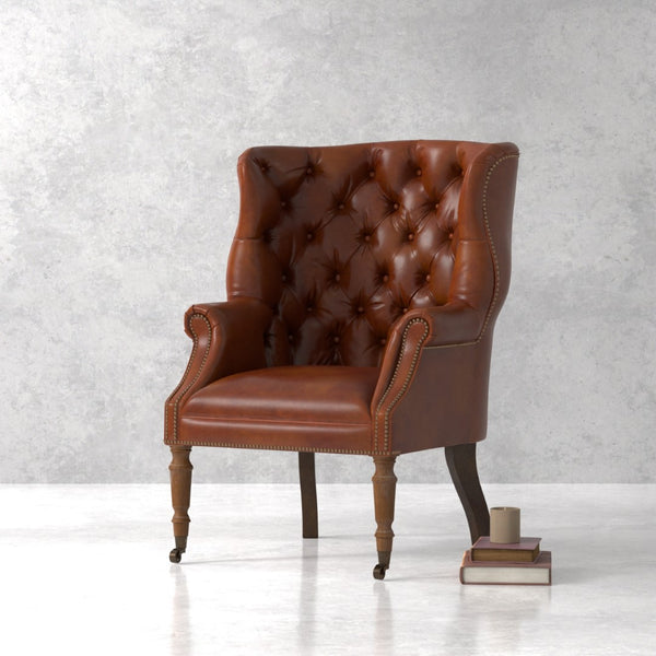 Sarreid Welsh Leather Chair - Vintage Havana Top Grain Luxury, Stylish Comfort With Wood And Castors Brown  40872