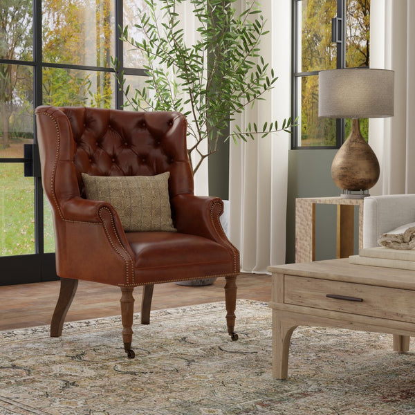 Sarreid Welsh Leather Chair - Vintage Havana Top Grain Luxury, Stylish Comfort With Wood And Castors Brown  40872