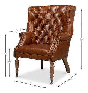 Sarreid Welsh Leather Chair - Vintage Havana Top Grain Luxury, Stylish Comfort With Wood And Castors Brown  40872
