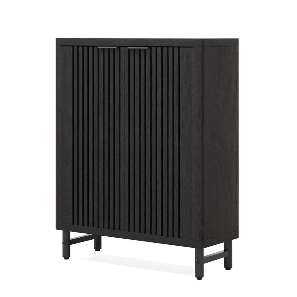 English Elm Storage Shoe Cabinet with Louvered Doors Six Adjustable Shelves and Slim Metal Legs T3971P464789