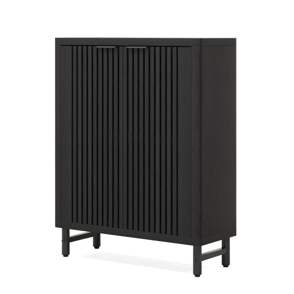 English Elm Storage Shoe Cabinet with Louvered Doors Six Adjustable Shelves and Slim Metal Legs T3971P464789