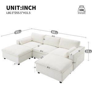 English Elm [video]86.5'' Chenille U-shaped Sectional with Dual Ottomans and Storage Pockets for Living Rooms White N723S7723A